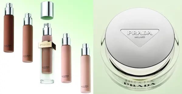 Prada Reveal Skin Optimizing Foundation bottles in several shades beside a Prada Augmented Skin cream jar
