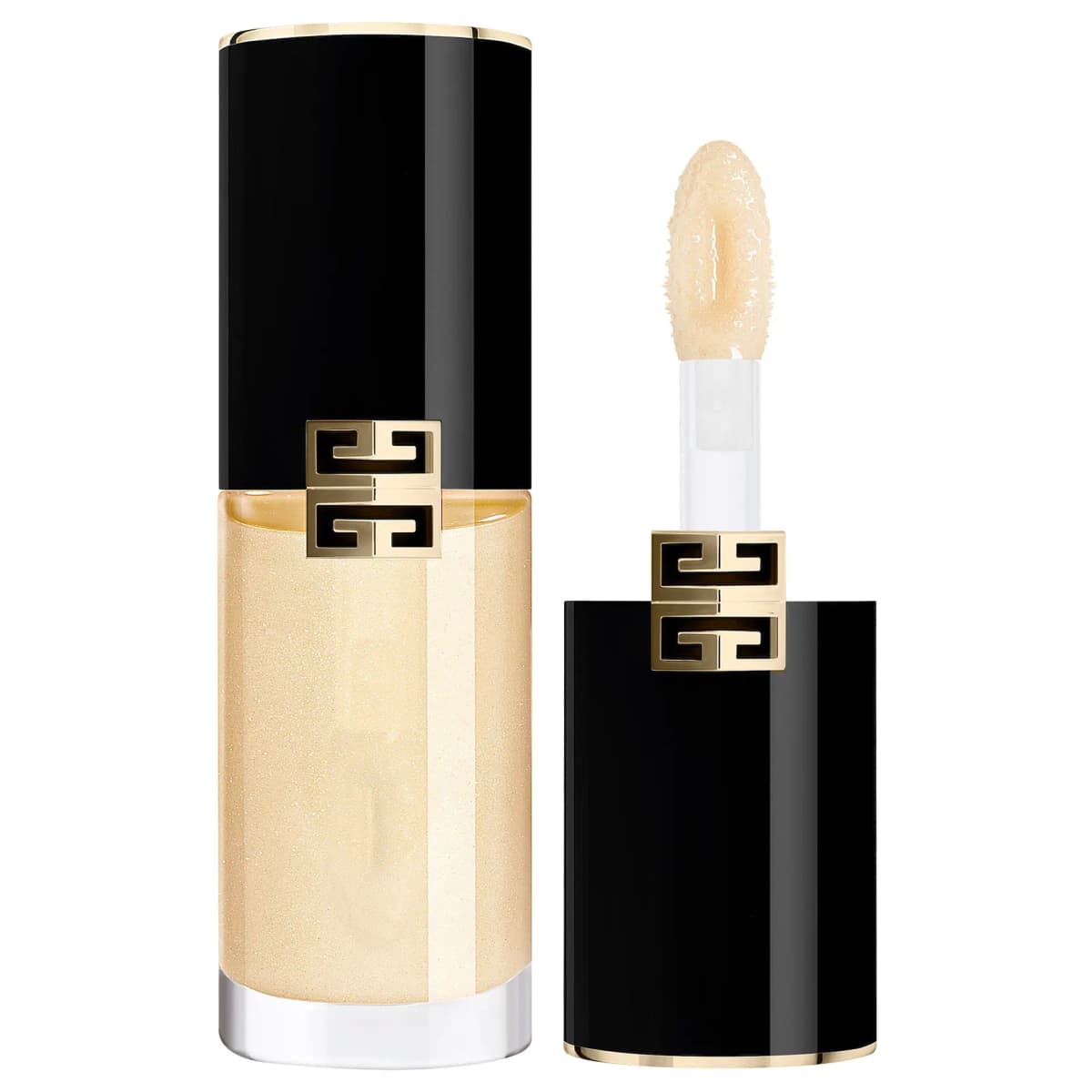 Open Perfecto lip oil in a pale gold shimmer, black cap with gold 4G emblem beside a fluffy doe-foot applicator