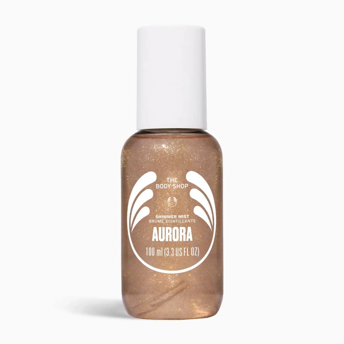 Aurora shimmer mist in a sparkly bronze-pink bottle with white cap on a white background