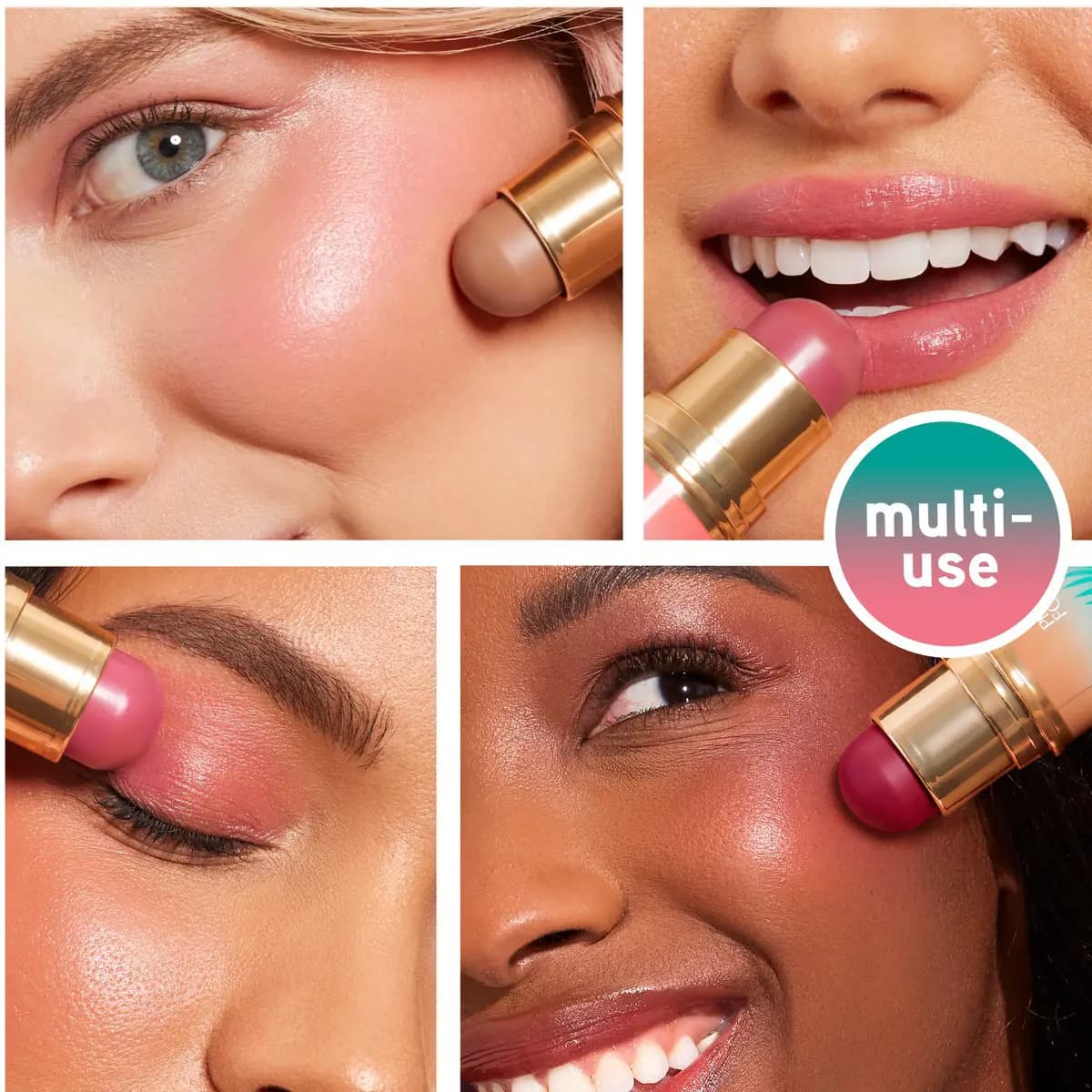 Four-panel collage showing the dual-ended stick applied to eyelid, lips, brow bone, and cheek with a teal multi-use badge