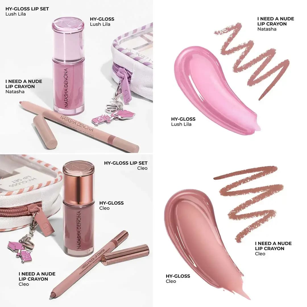 HY-GLOSS Lush Lila and Cleo sets with glosses, I Need A Nude lip crayons, charms, and glossy and crayon swatches.