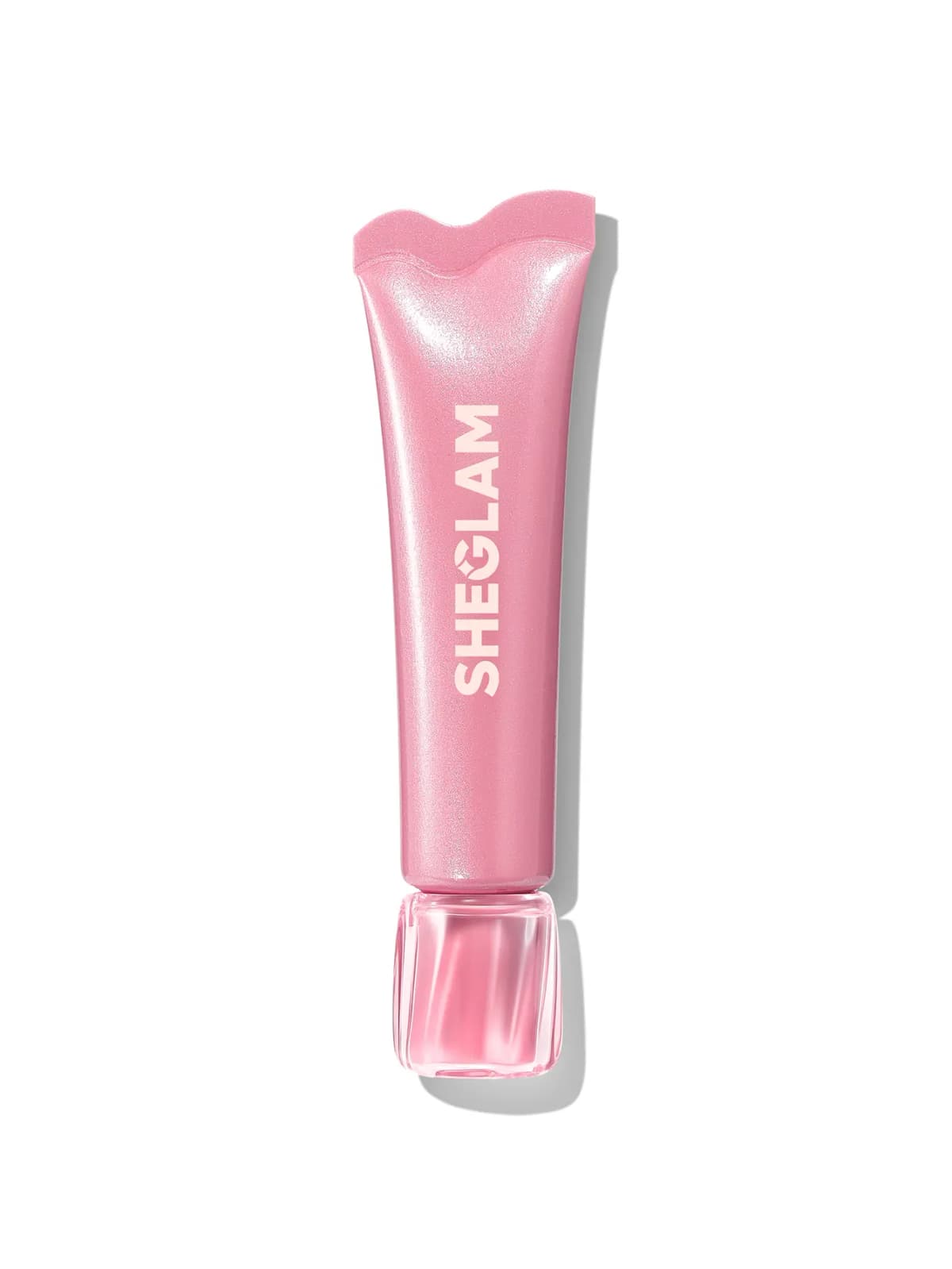 Pearly pink shimmer squeeze tube with a wavy top and clear cube cap on a white background