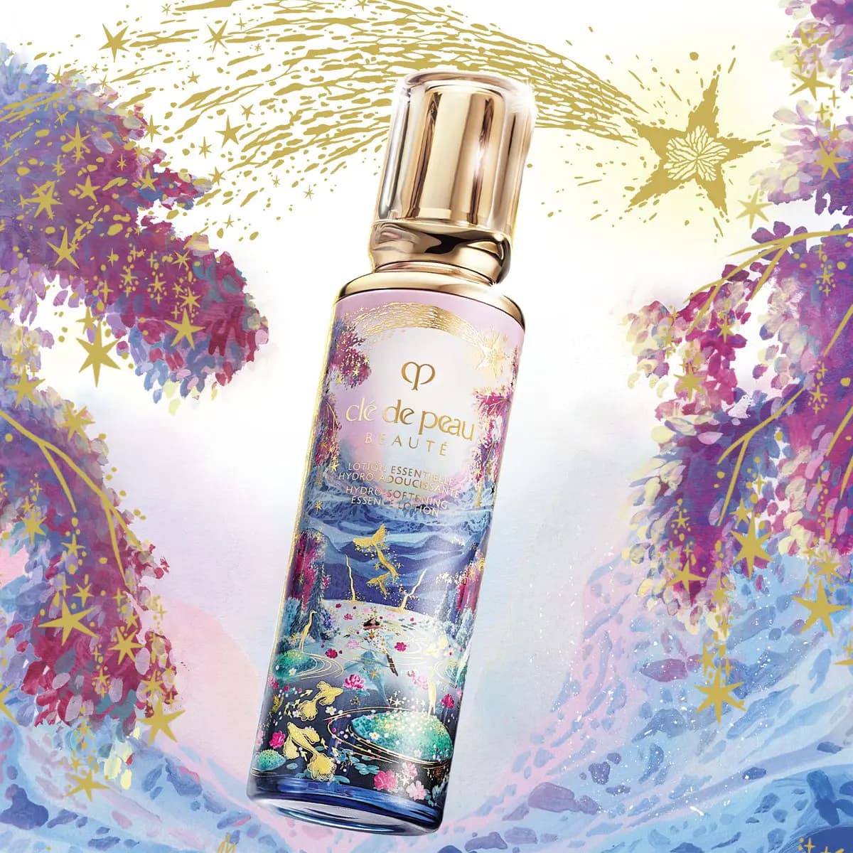 Clé de Peau Beauté Hydro-Softening Essence Lotion bottle with lakeside illustration among purple painted trees