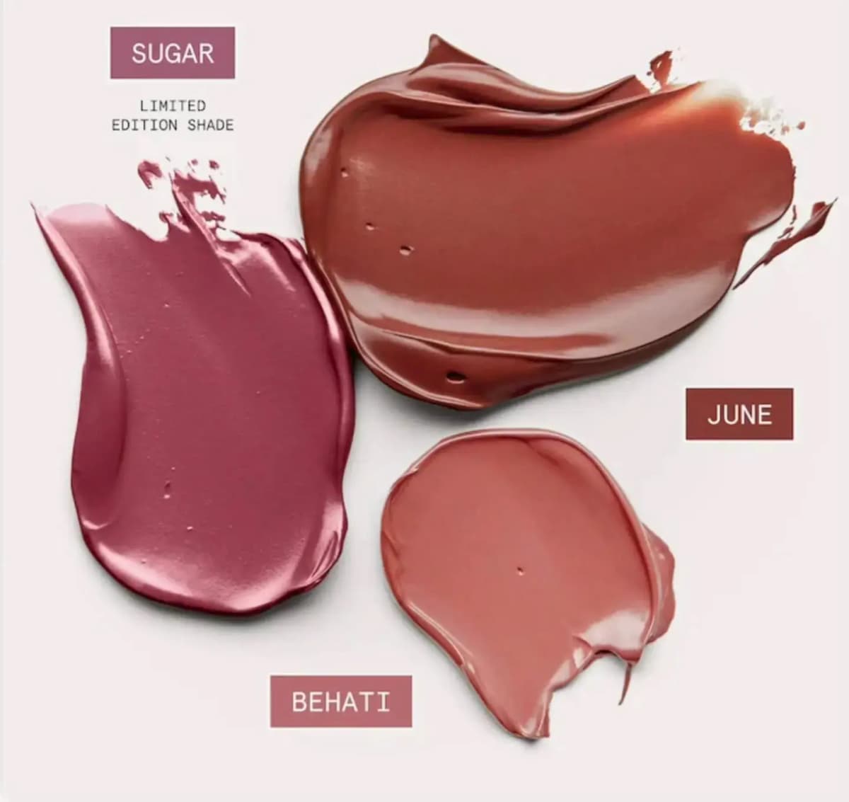 Glossy creamy swatches of Sugar plum, June brown-rose and Behati pink, with Sugar labelled limited edition shade
