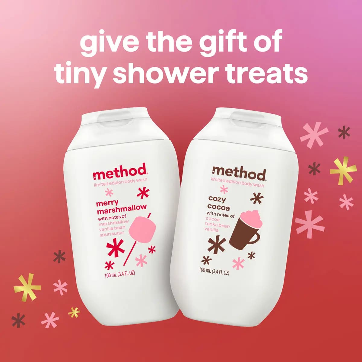 Merry Marshmallow and Cozy Cocoa bottles side by side on a pink-red gradient with text "give the gift of tiny shower treats