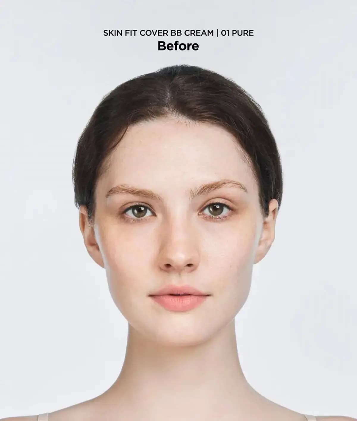 Before shot for shade 01 Pure: model with fair, lightly freckled bare skin and slicked-back dark hair