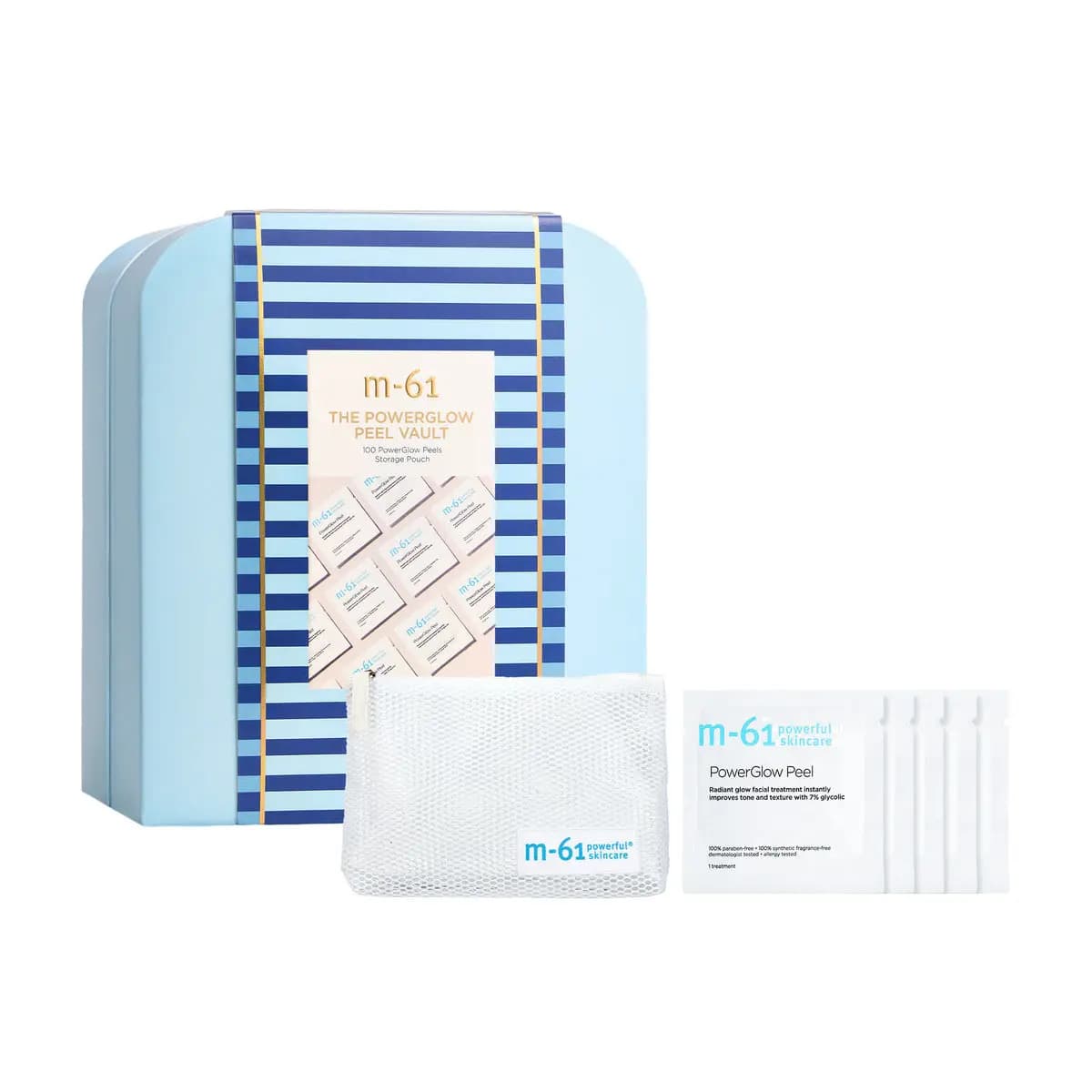 M-61 The PowerGlow Peel Vault blue striped tin with white mesh pouch and PowerGlow Peel packettes