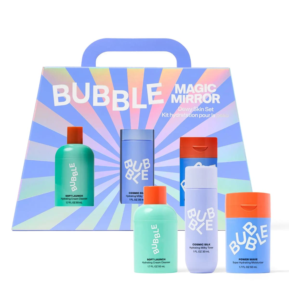 Magic Mirror iridescent purple handbag-shaped box with Soft Launch, Cosmic Silk and Power Wave bottles in front