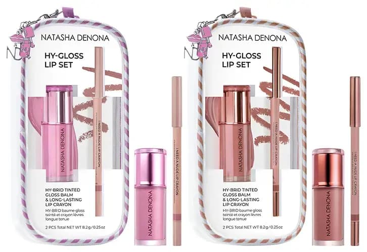 Two Natasha Denona HY-GLOSS Lip Sets in clear pouches, one pink-lilac and one rosy nude, each with gloss and lip crayon.