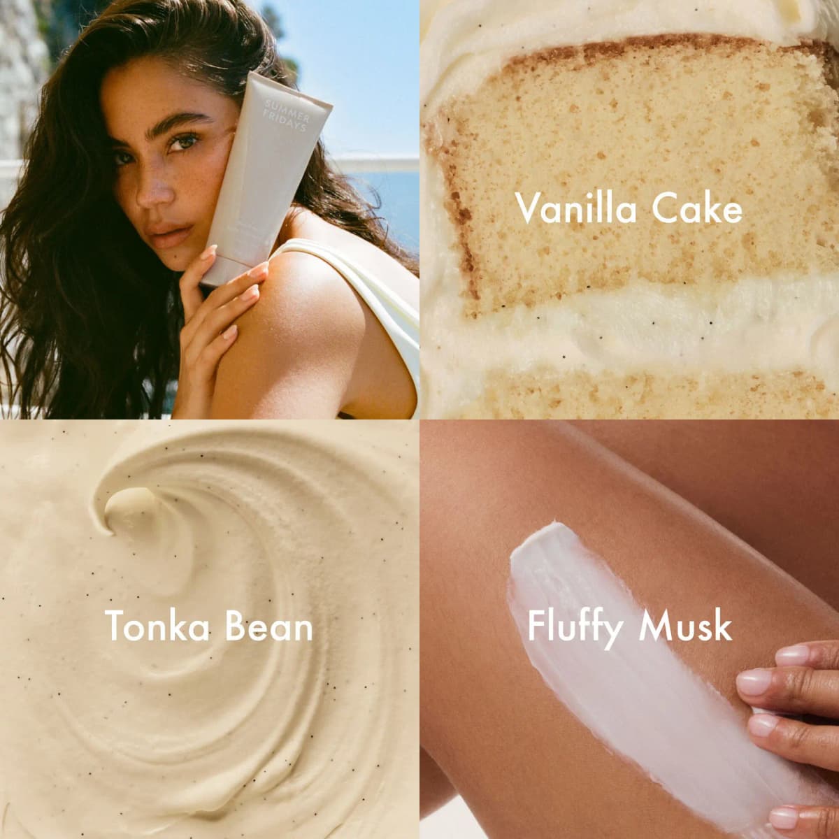 Vanilla scent grid: model holding a beige tube, plus vanilla cake, tonka bean cream swirl and Fluffy Musk swatch on skin.