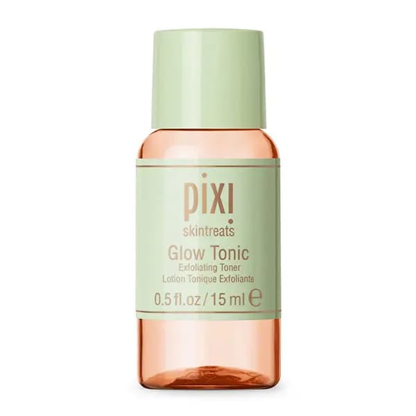 Pixi Glow Tonic Exfoliating Toner in a 15 ml peach-tinted bottle with a mint green cap