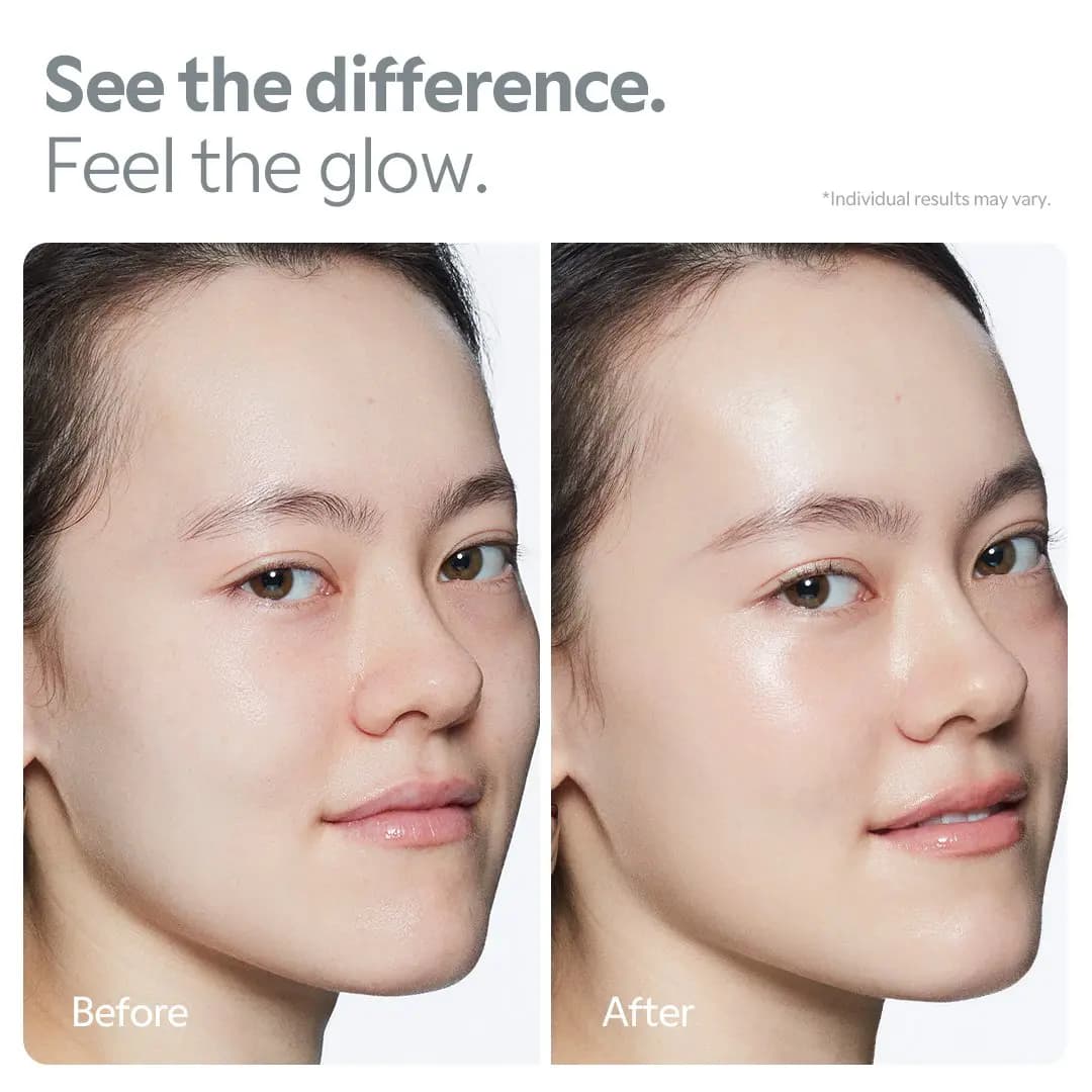 Before-and-after face comparison showing a more even, luminous complexion after applying the cushion.