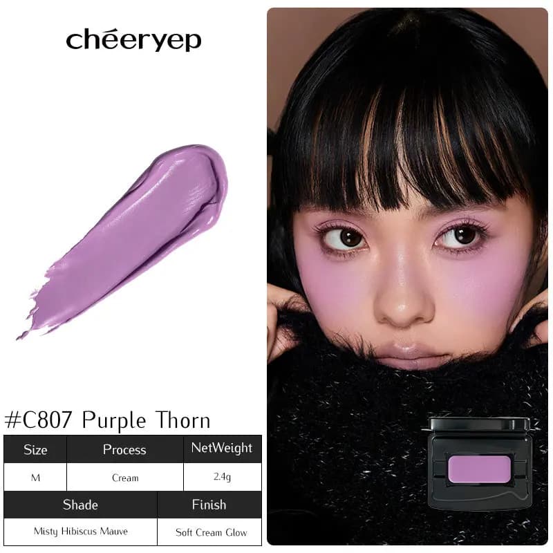 C807 Purple Thorn misty hibiscus mauve swatch beside a model in a black knit with vivid lilac blush