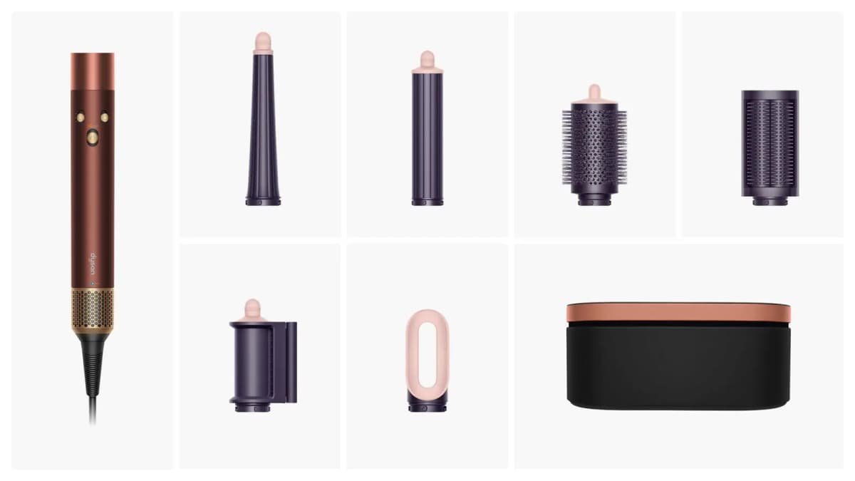 Plum and copper multi-styler body shown with curling barrels, round brush, smoothing brush, attachments and storage case