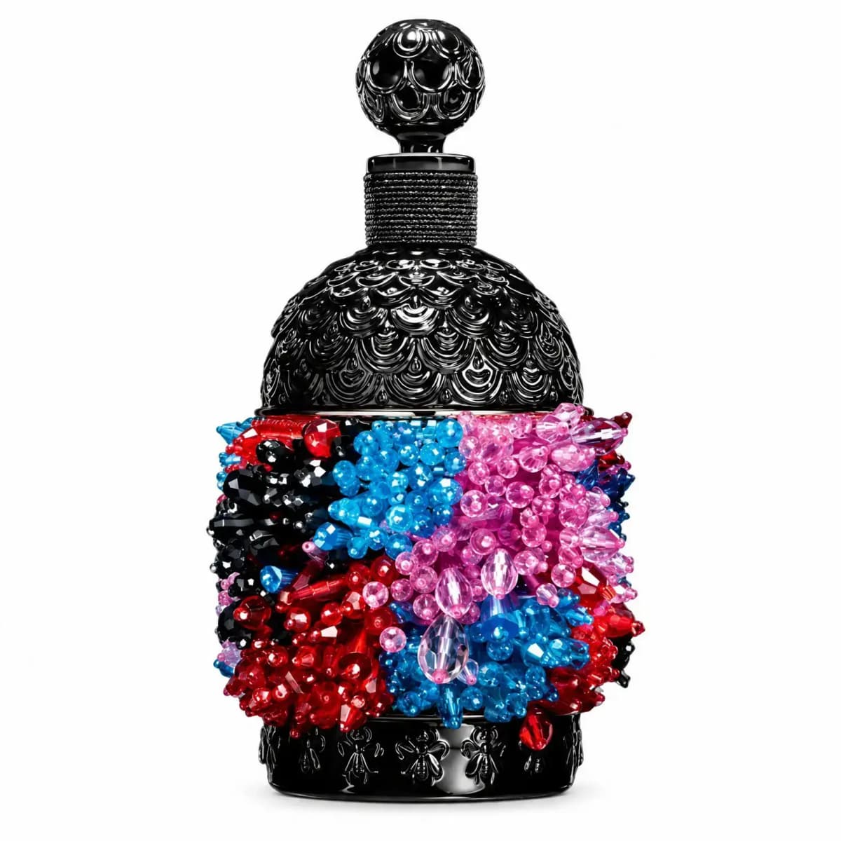 Imagine Guerlain Eau de Parfum black Bee Bottle wrapped in a red, blue, pink and black beaded cuff by Kévin Germanier