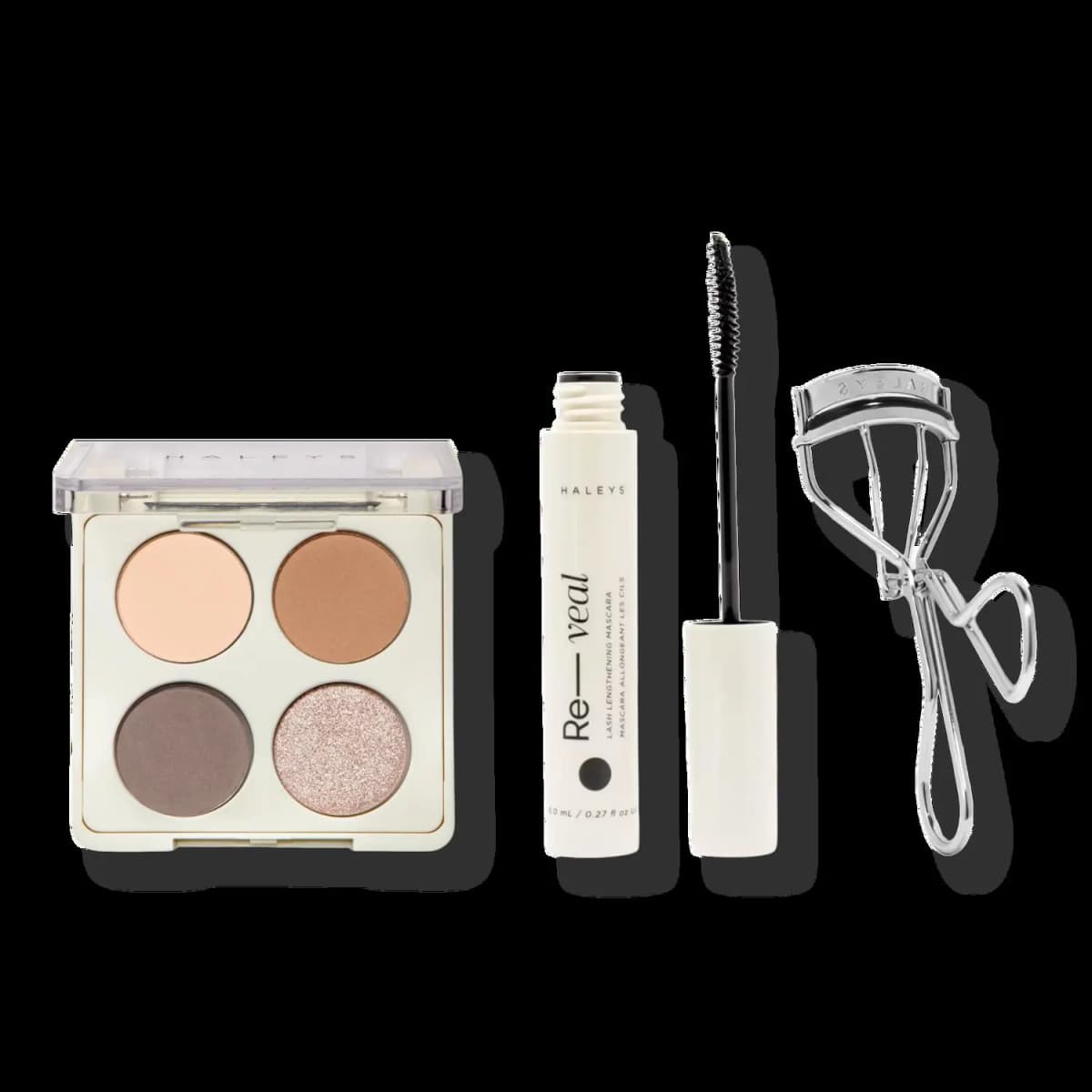 HALEYS Beauty 3 Piece Glam + Glow Holiday Essentials: peach, bronze, taupe and pink glitter quad, Re-veal mascara, curler