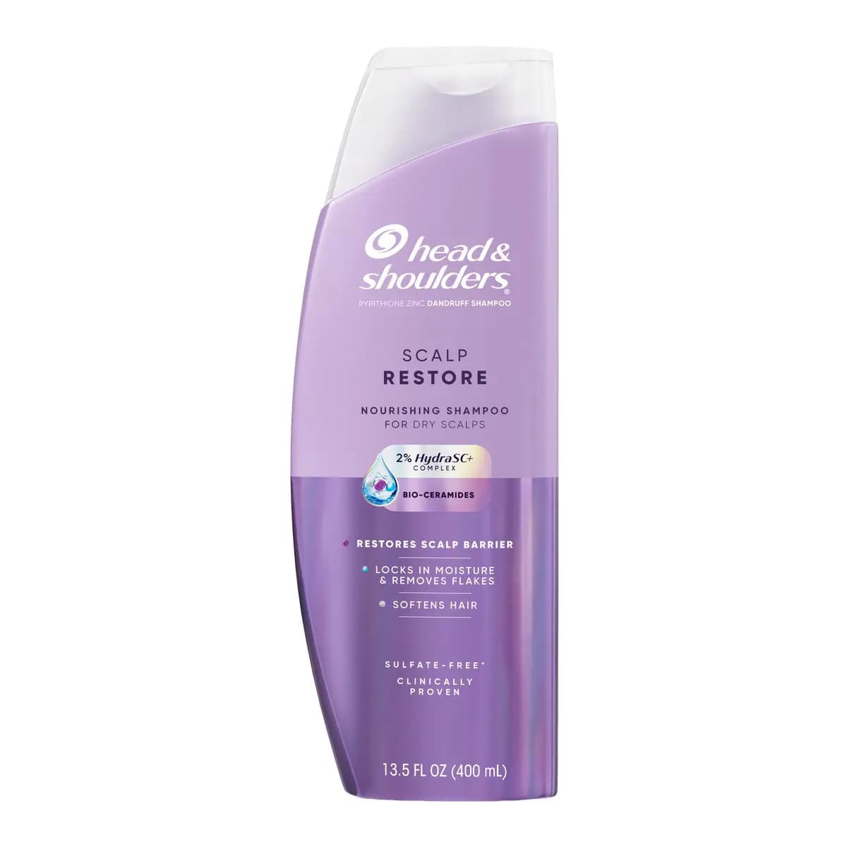 Scalp Restore Nourishing Shampoo for dry scalps in a curved lilac and metallic purple bottle with clear cap