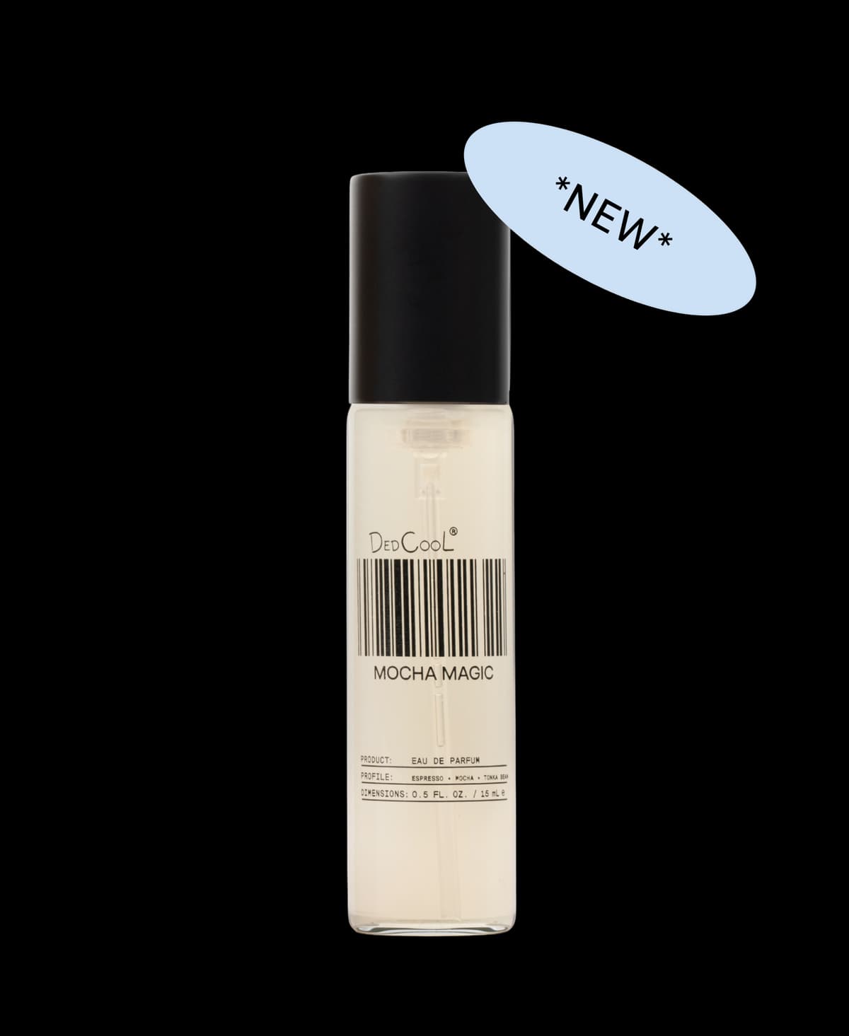 DedCool Mocha Magic 15ml travel spray with black cap and barcode label, marked with a blue *NEW* sticker