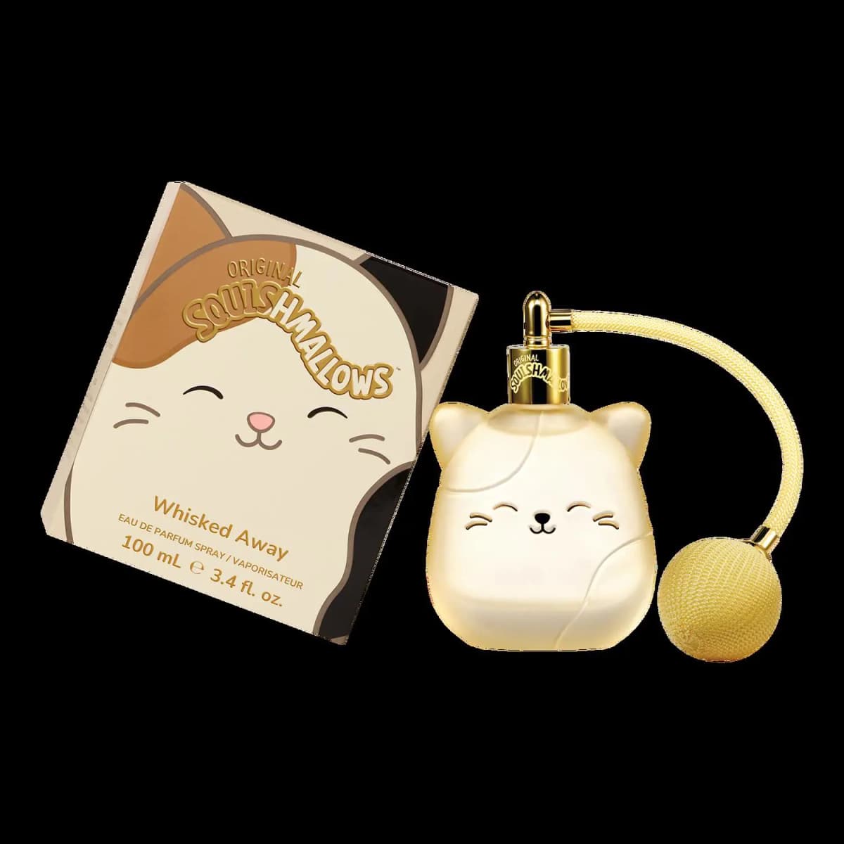 Whisked Away 100 mL Eau de Parfum next to its cream calico cat box with gold Squishmallows logo