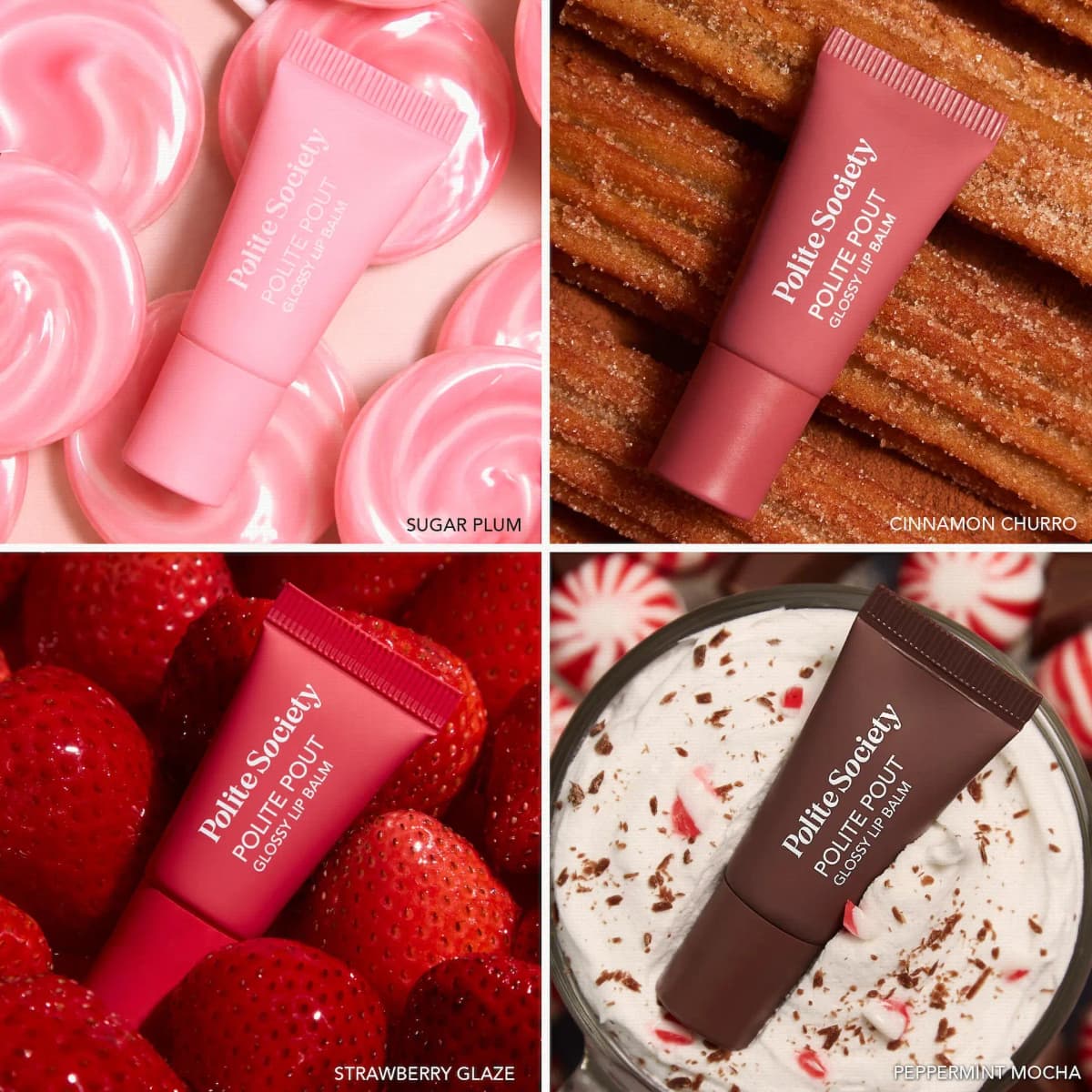 Four lip balm tubes on themed backdrops: pink candies, cinnamon-sugar churros, strawberries and whipped cream with mint