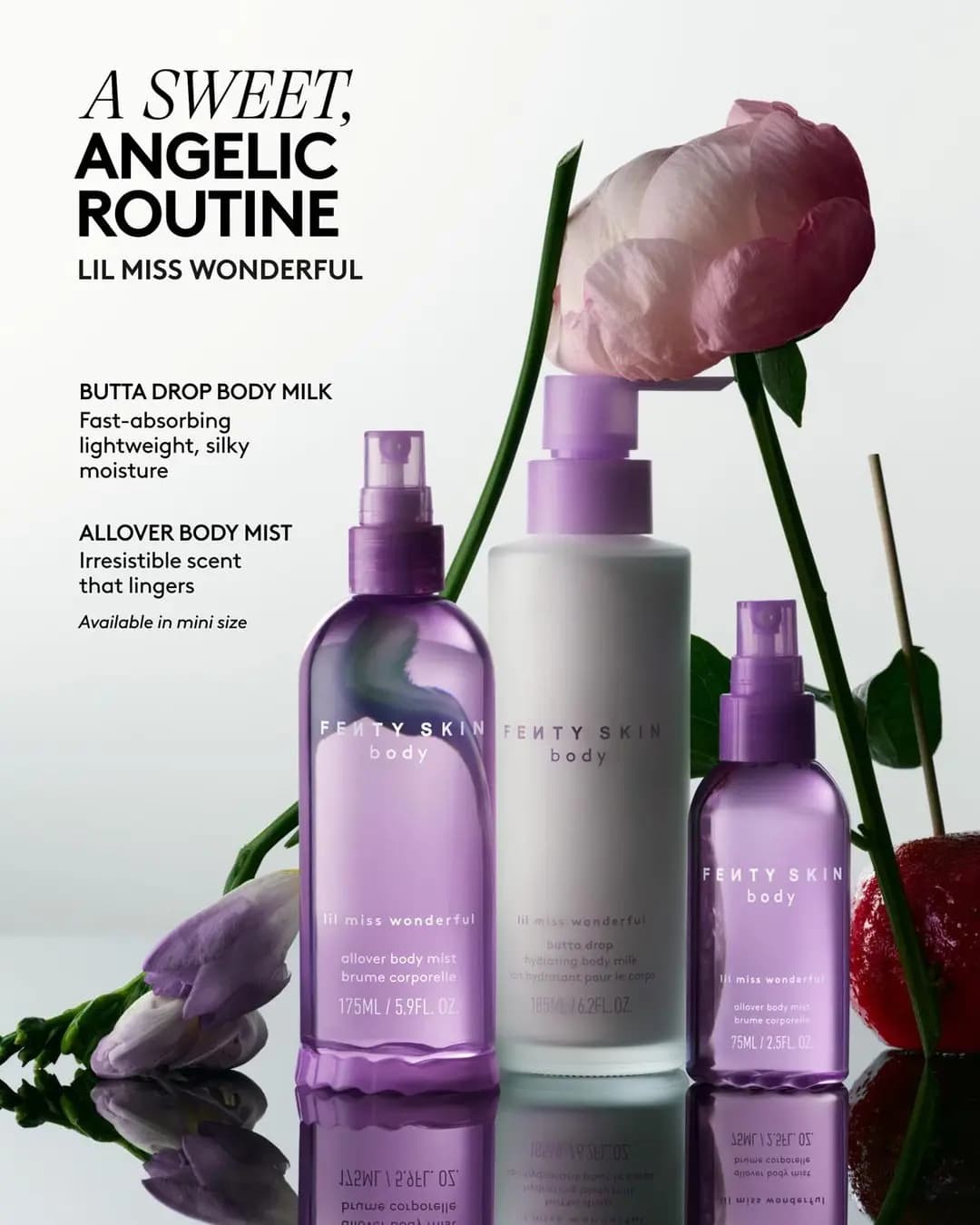 Fenty Skin Lil Miss Wonderful body milk and mist trio with text 'A Sweet, Angelic Routine' and product benefit callouts