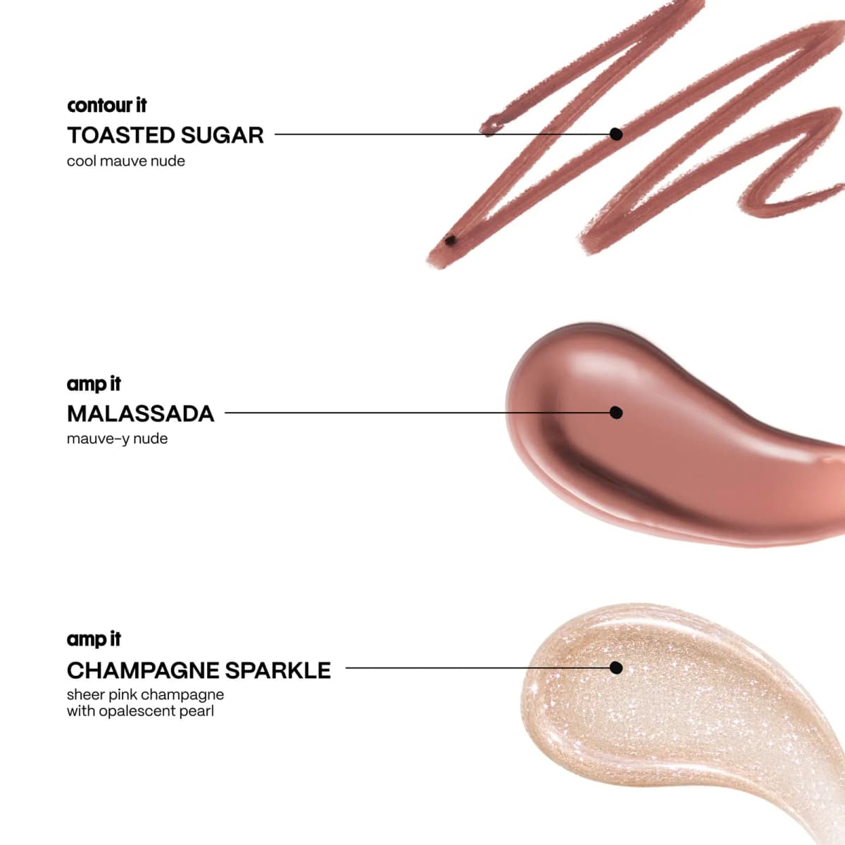 Swatches of a cool mauve nude liner, glossy mauve nude gloss and sheer champagne gloss with sparkle