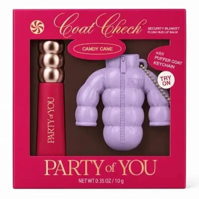 Party of You Coat Check Candy Cane set in a magenta box with a raspberry lip balm tube and lilac puffer coat keychain
