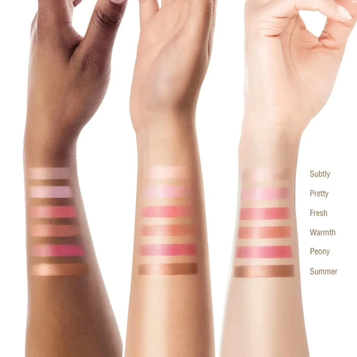 Three arms of varying skin tones displaying swatches labeled Subtly, Pretty, Fresh, Warmth, Peony, and Summer.