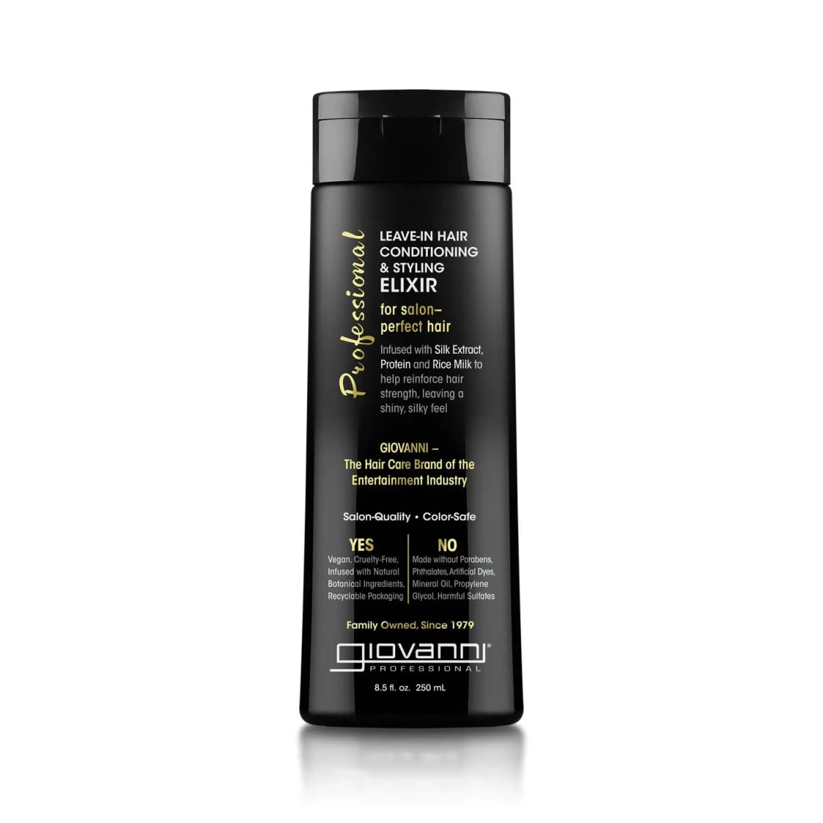 Giovanni Professional Leave-In Hair Conditioning & Styling Elixir in a shorter black 8.5 fl oz bottle.