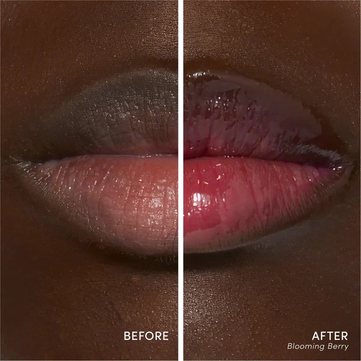 Split close-up of deep-skinned lips before and after Blooming Berry, which adds a glossy reddish-berry tint.
