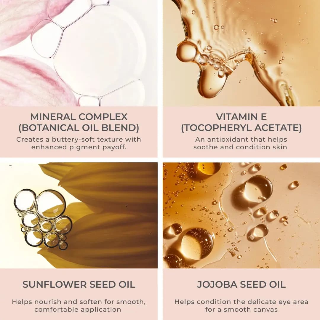Ingredient panels for mineral complex botanical oil blend, vitamin E, sunflower seed oil and jojoba seed oil