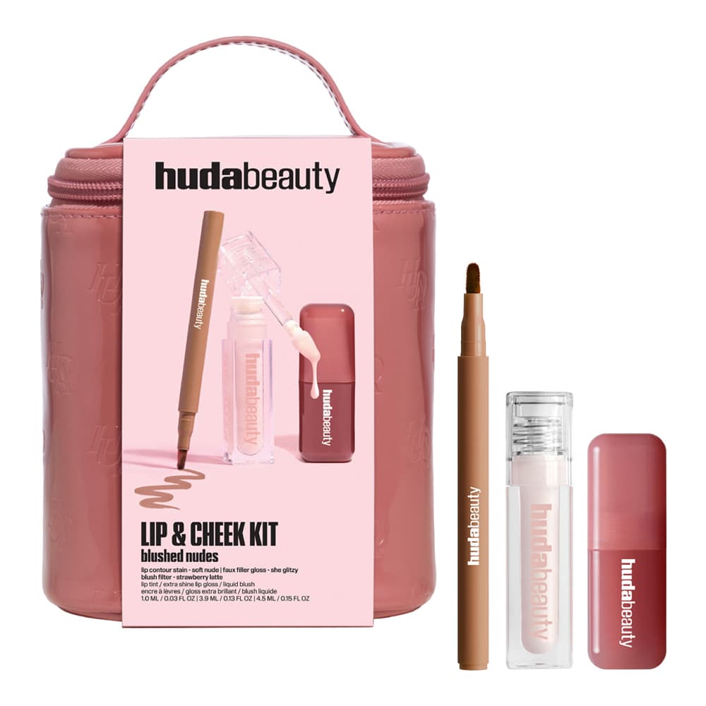 Huda Beauty Lip & Cheek Kit Blushed Nudes in pink patent vanity bag with lip stain, clear gloss and rose liquid blush