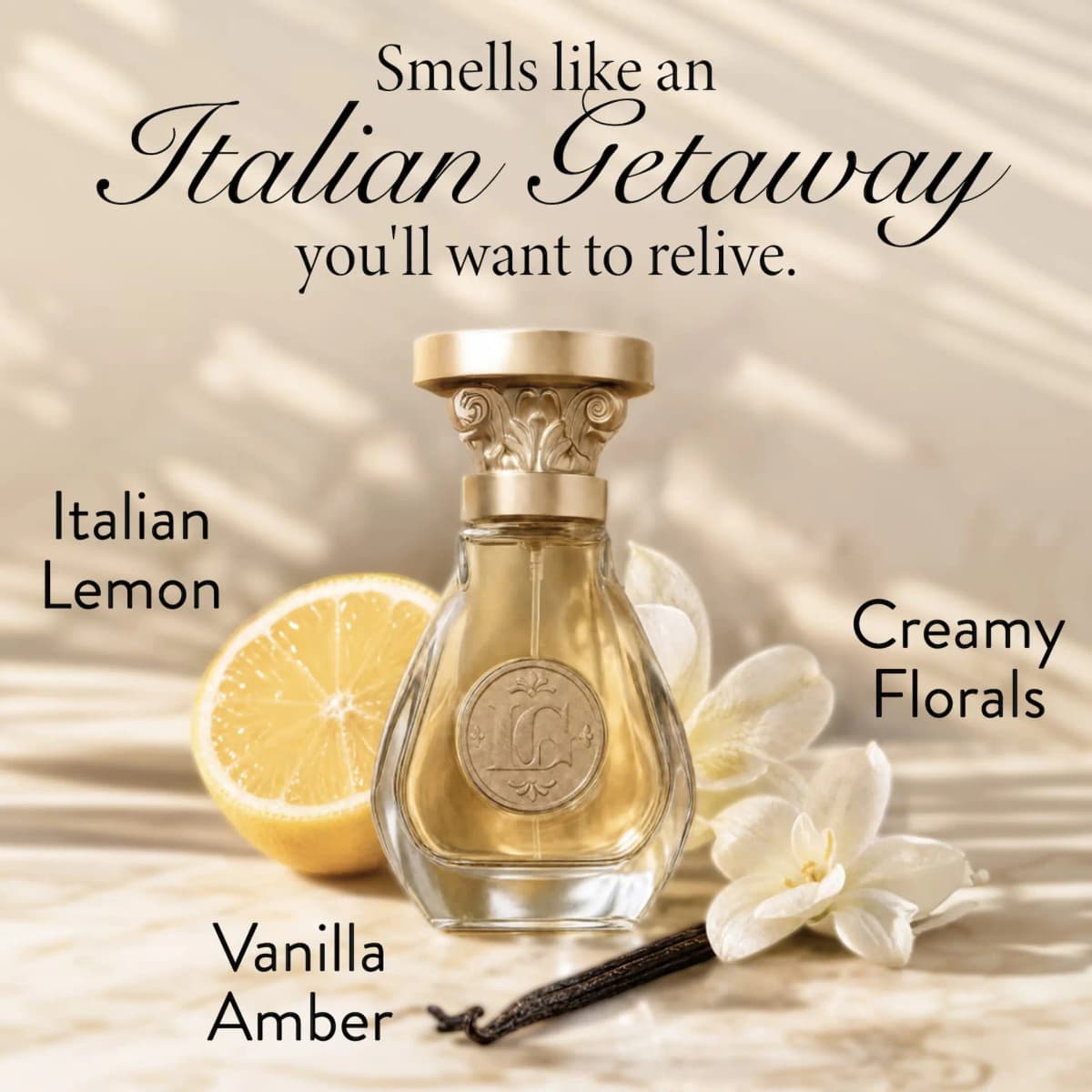 Tuscan Sun bottle beside a halved lemon, white flowers and vanilla pod, labelled Italian Lemon and Vanilla Amber