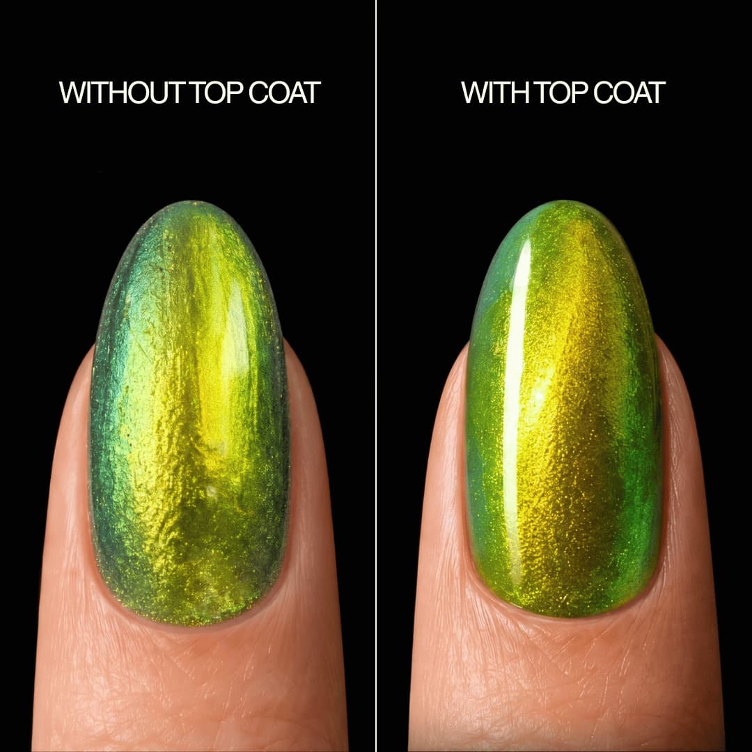 Green-gold multichrome nail compared without top coat, looking textured, and with top coat, looking smooth and glossy