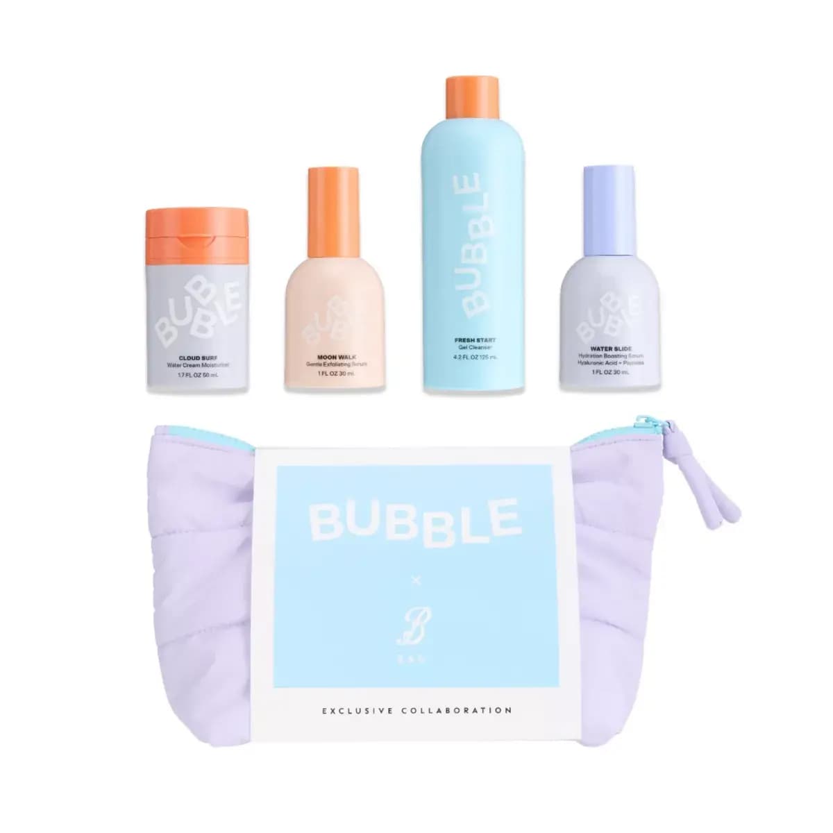 Bubble Cloud Surf, Moon Walk, Fresh Start and Water Slide lined up above a lilac quilted makeup bag on white