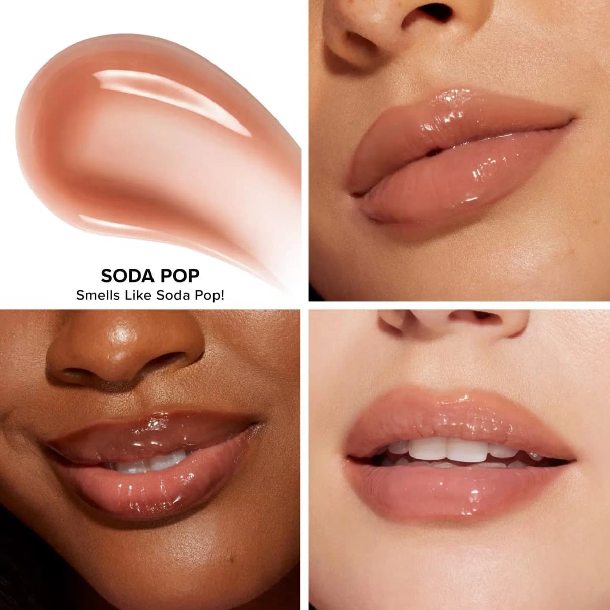 Soda Pop sheer pinkish-nude swatch and three close-ups of high-shine nude lips across varied skin tones