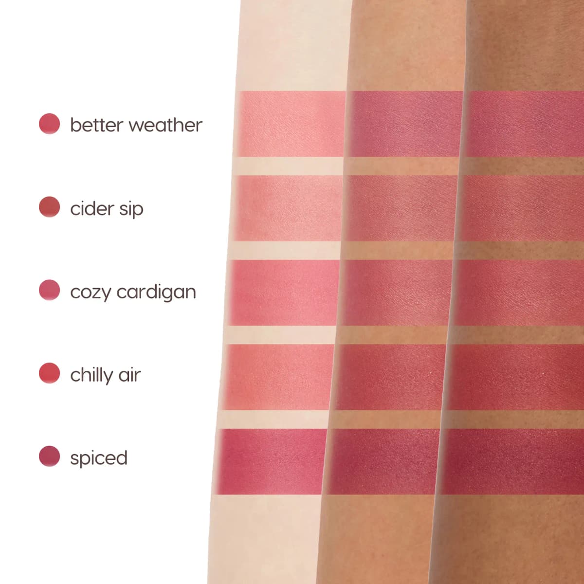 Arm swatches of Better Weather, Cider Sip, Cozy Cardigan, Chilly Air and Spiced on three skin tones