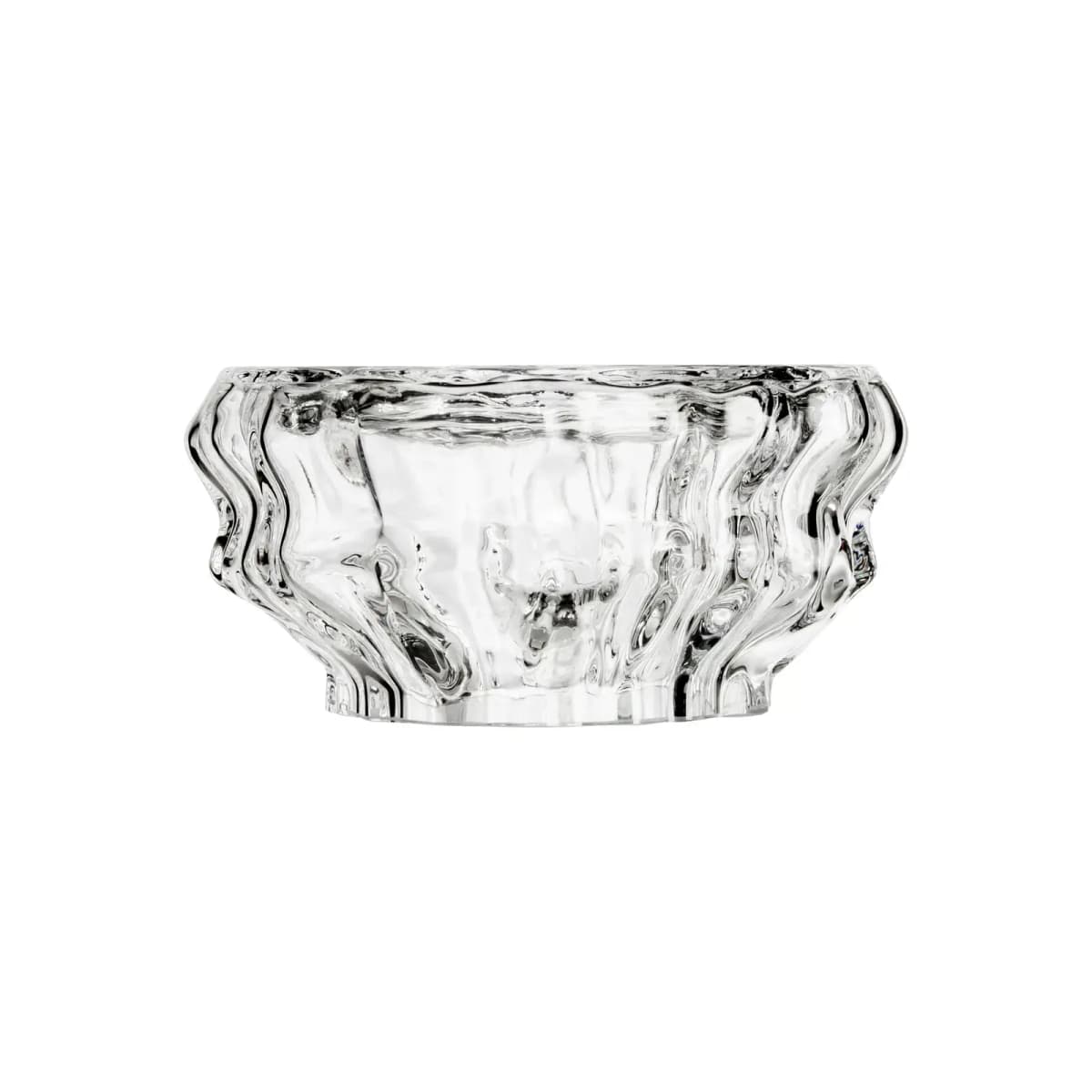 Low wavy clear glass candle topper with a rippled, molten-looking surface on white