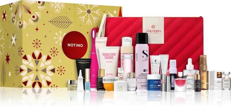Gold Exclusive box beside 25 prestige products including Shiseido pouch, Gaultier Divine, Payot and Sebastian