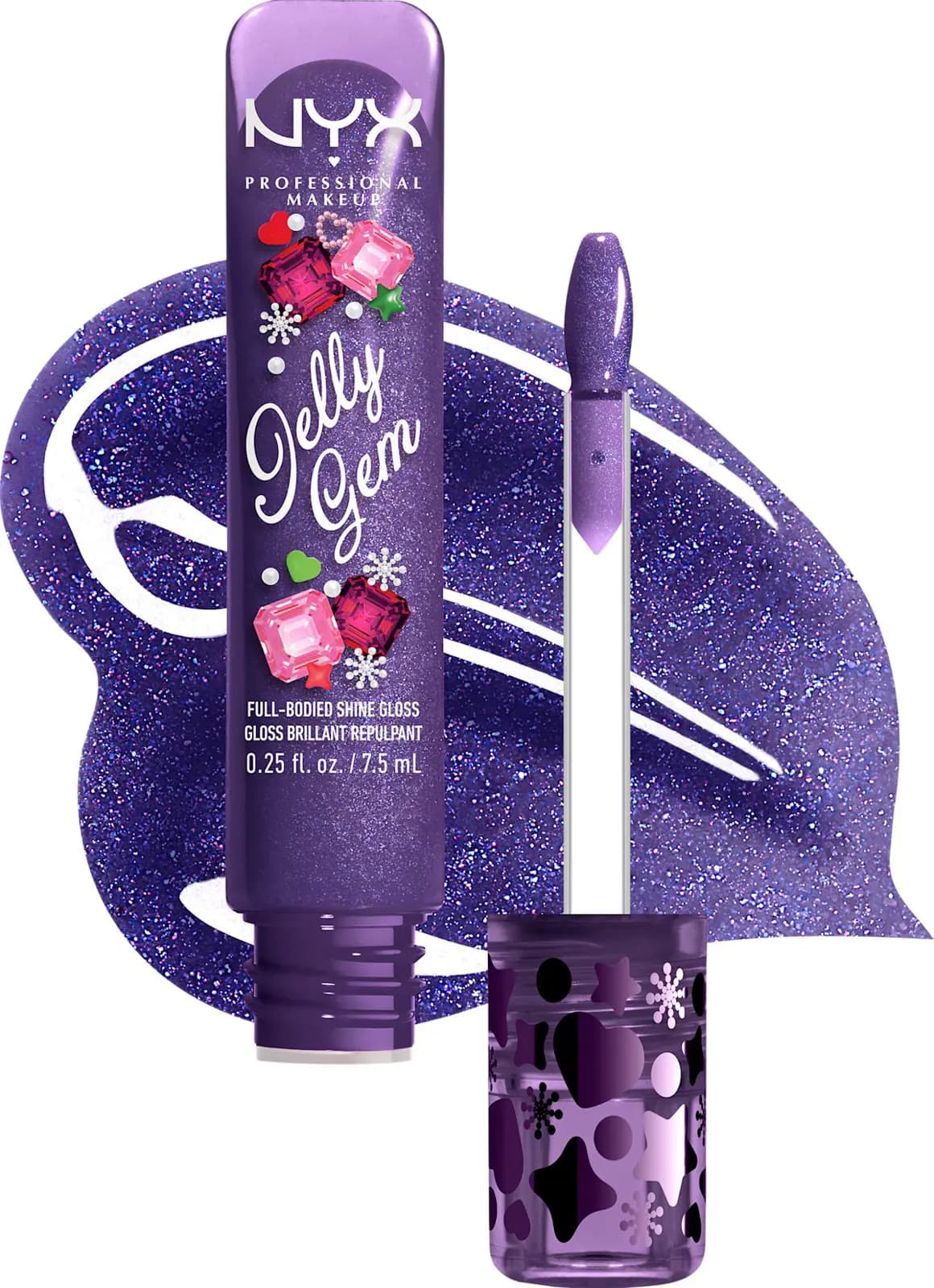 NYX Jelly Gem High Shine Gloss in 04 Purple Pearl violet shimmer with wand and glittery purple swatch.