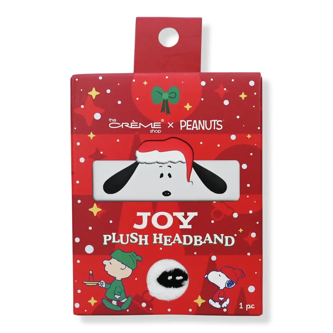 Joy Plush Headband in red box with Snoopy Santa hat window, Charlie Brown and Snoopy illustrations.
