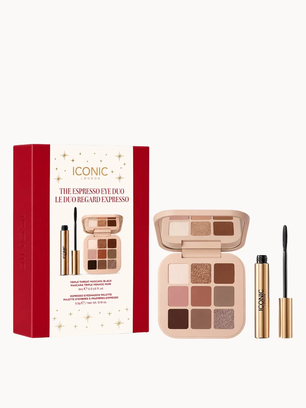 Red and white ICONIC London Espresso Eye Duo box beside nine-pan neutral eyeshadow palette and gold mascara tube