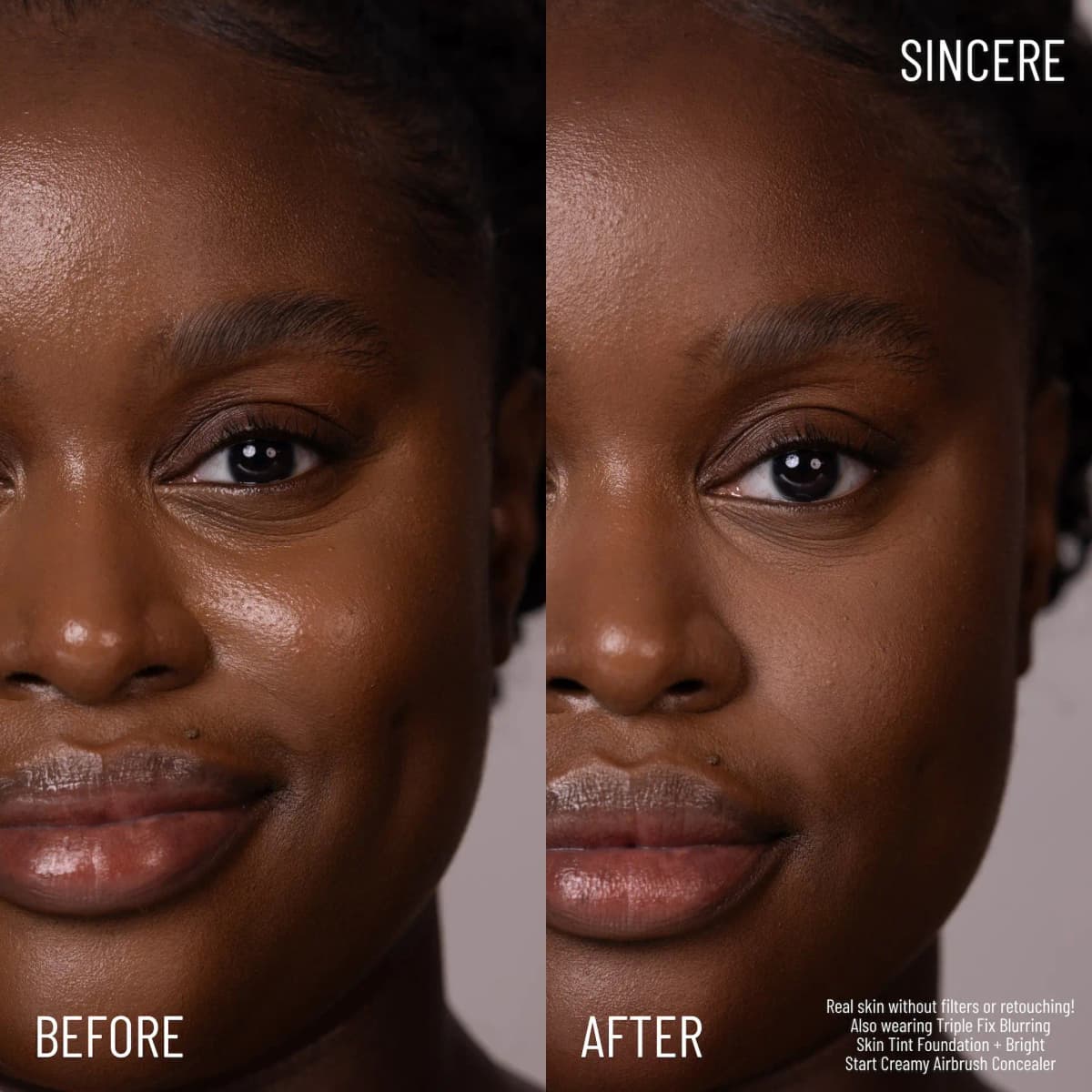 Before-and-after close-up of deep skin, oily shine in before, smoother brighter under-eyes after wearing Sincere powder