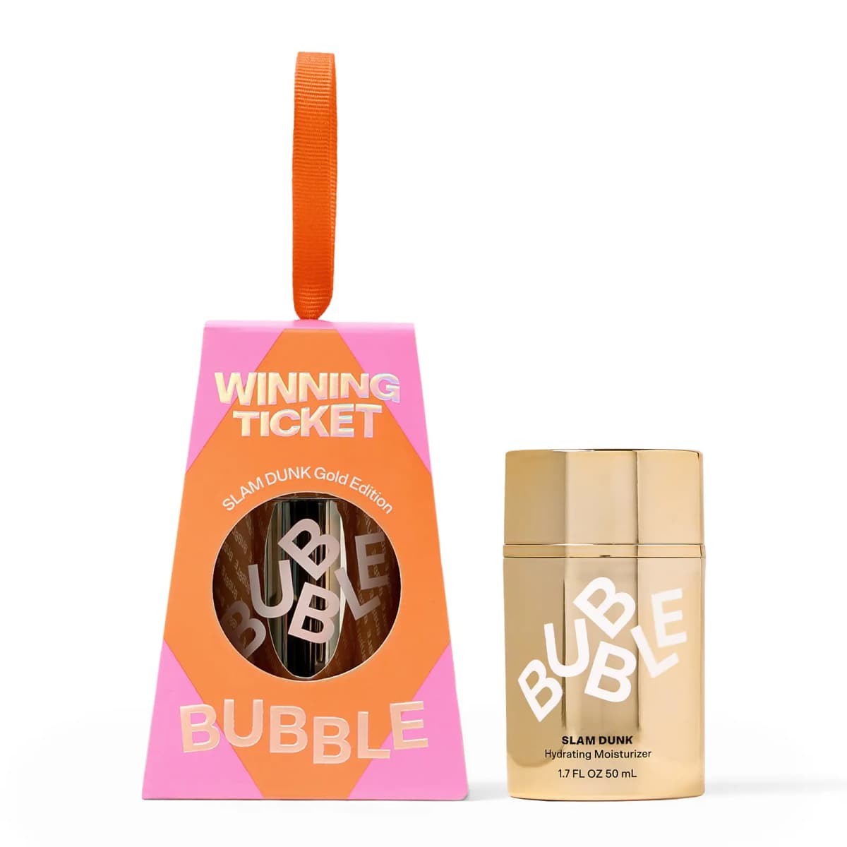 Winning Ticket pink and orange ornament box with orange ribbon beside a gold Slam Dunk Gold Edition moisturizer jar