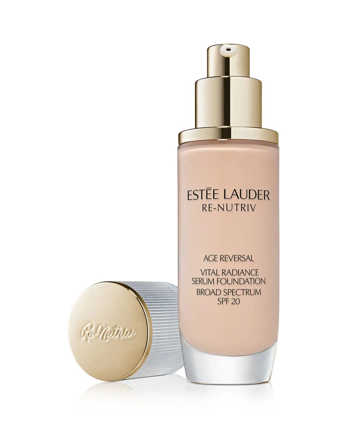 Estée Lauder Re-Nutriv Vital Radiance Serum Foundation SPF 20 in a pale pink bottle with gold pump
