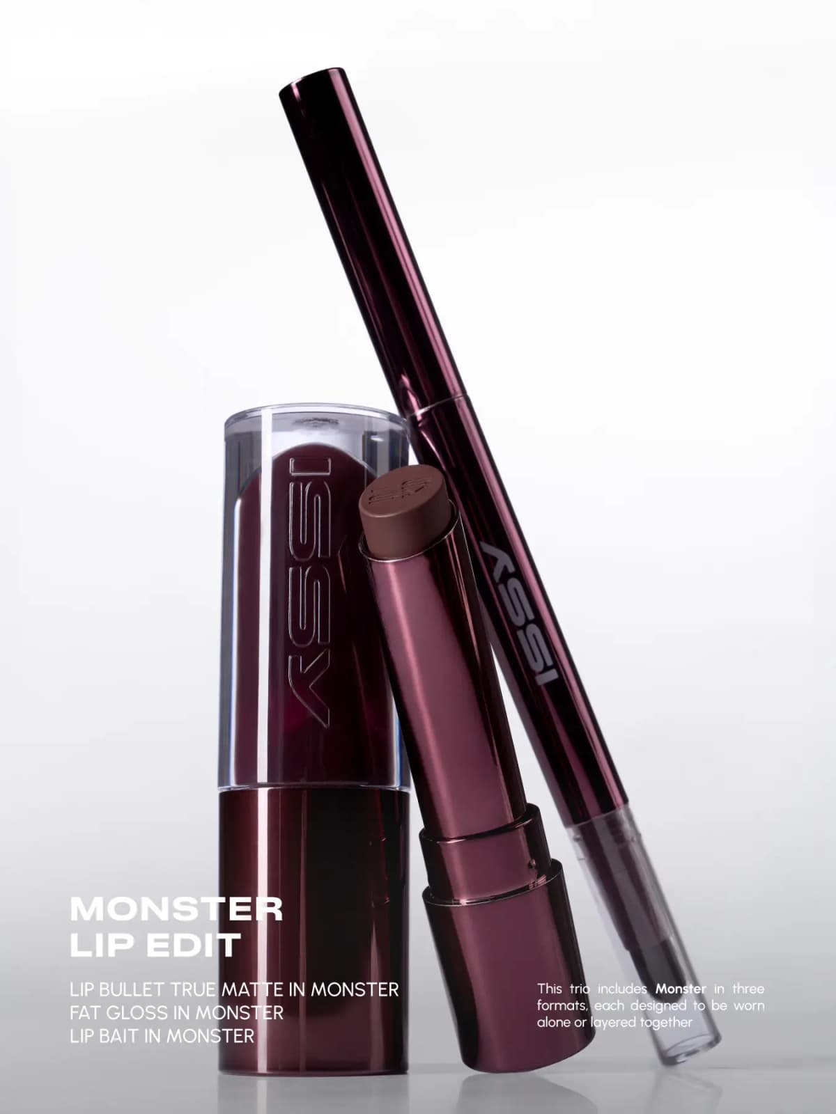 ISSY Monster Lip Edit trio: Lip Bullet True Matte, Fat Gloss and Lip Bait in burgundy metallic tubes
