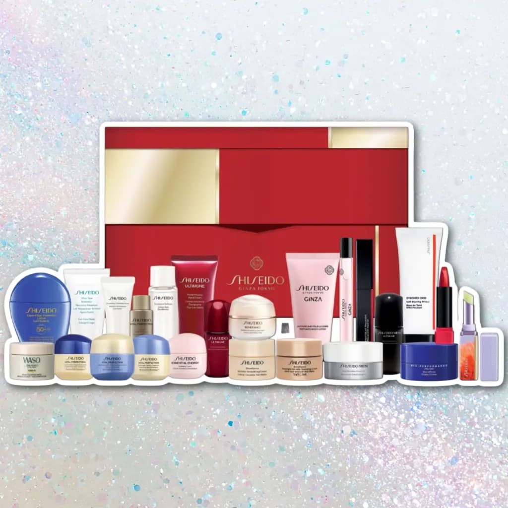 Shiseido Ginza Tokyo advent calendar box with 23 miniature skincare, body and makeup products lined up in front