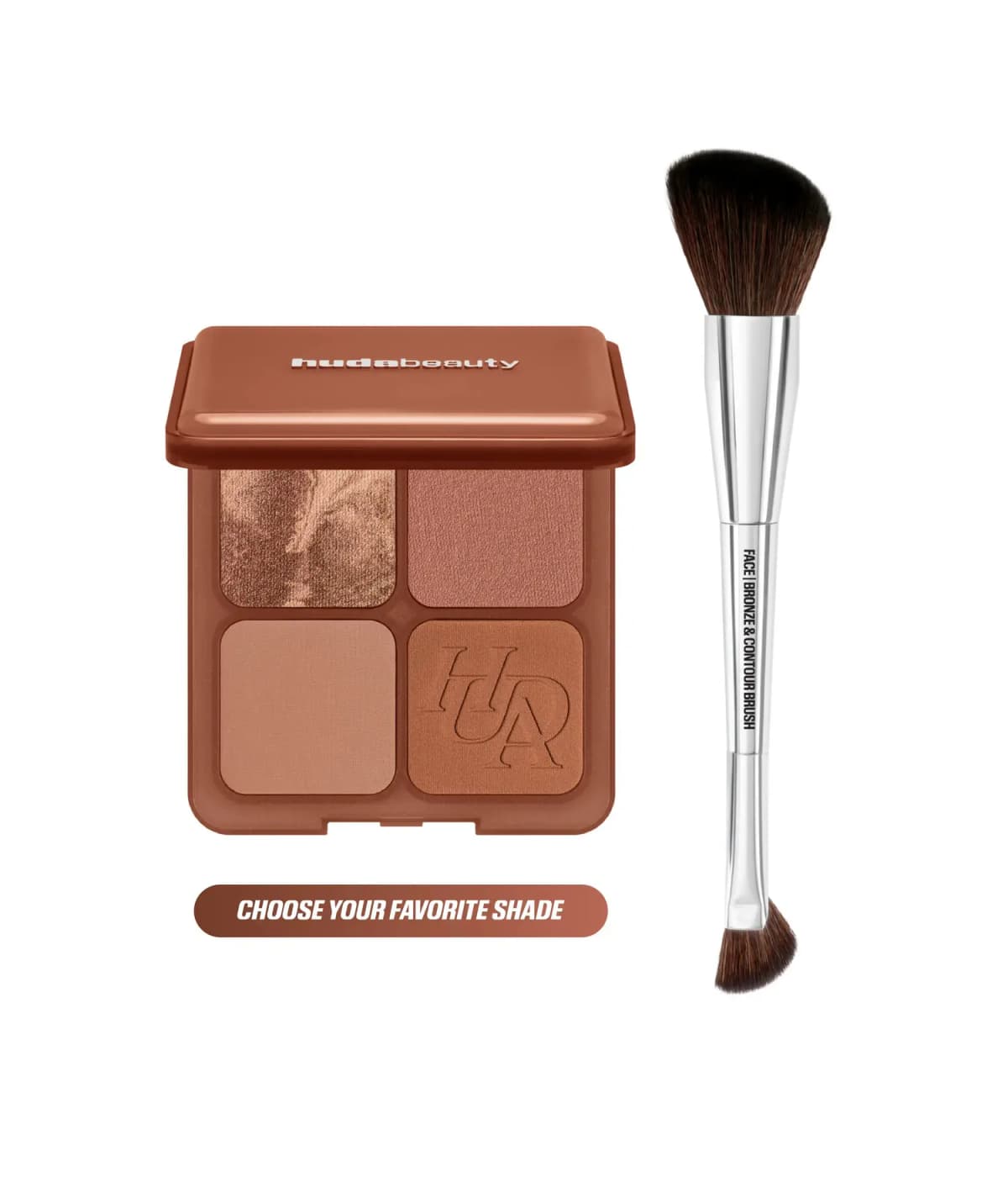 Closed-lid palette beside the Face Bronze & Contour Brush, with a 'Choose your favorite shade' banner.