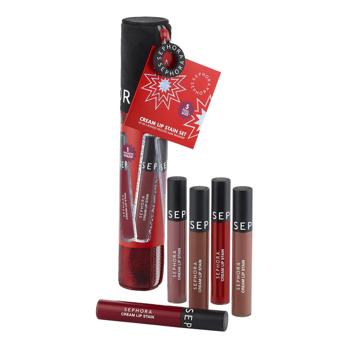 Cream Lip Stain Set with red tag, black velvet zip pouch and five liquid lip stains in red, mauve and brown shades