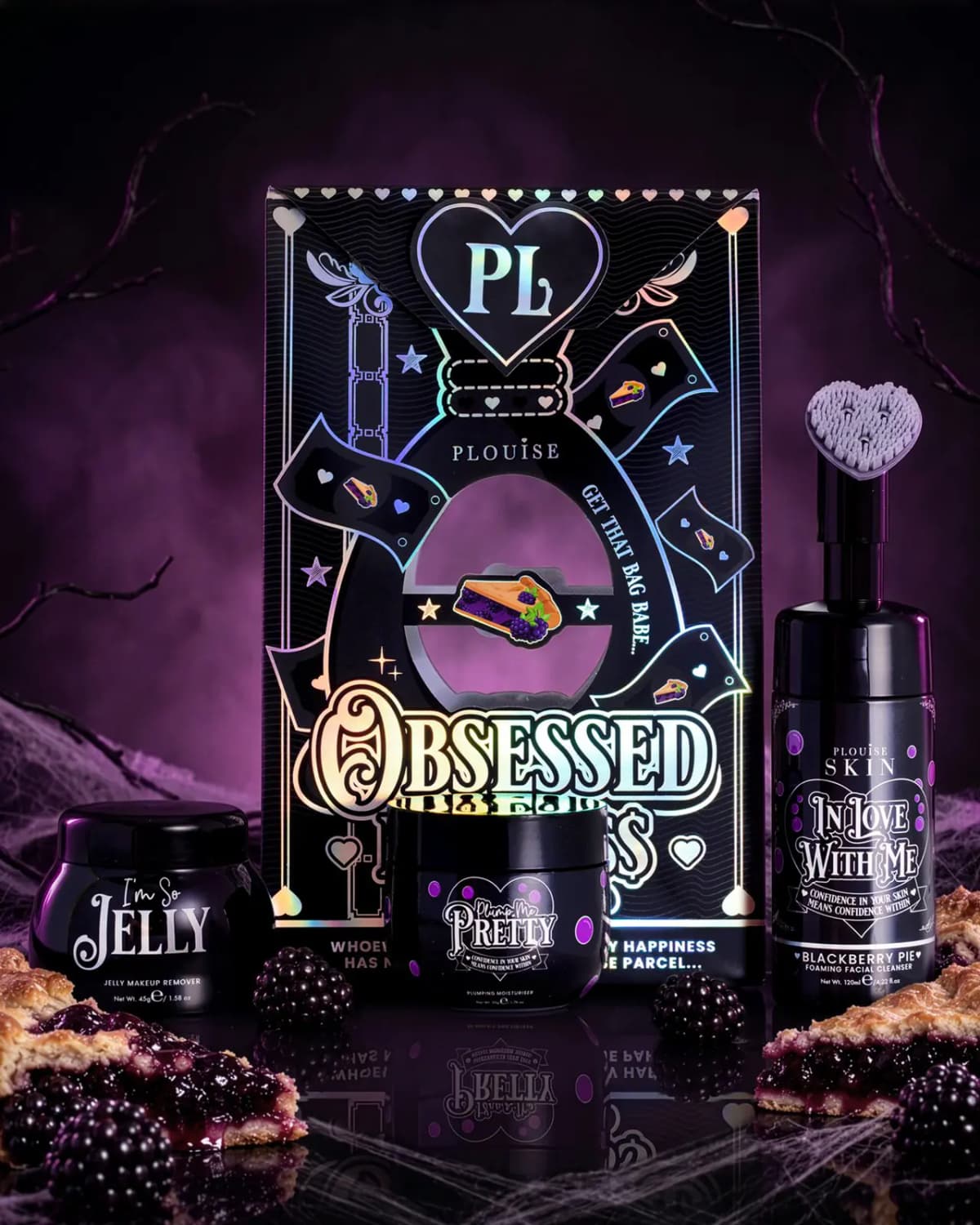 Blackberry Pie Obsessed bundle in black holographic box with Jelly remover, Plump Me Pretty and cleanser